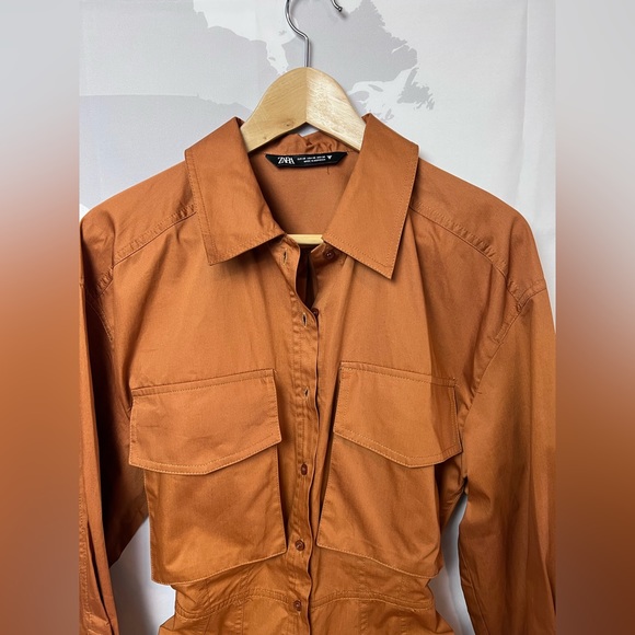 ZARA Poplin Shirt-Dress With Pockets Brown NWOT - Picture 5 of 12